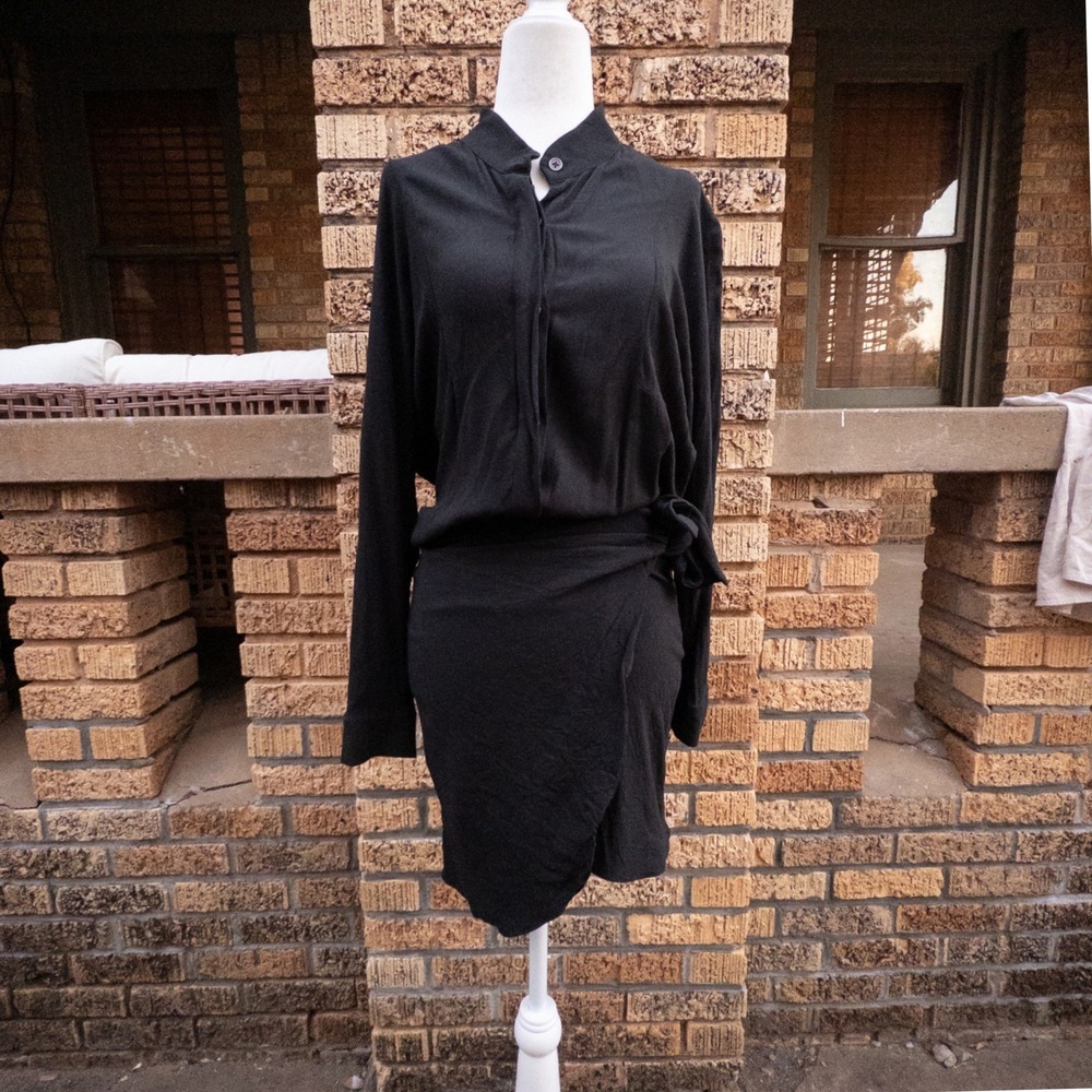 Chaser Black Long Sleeve Button Down Wrap Skirt Mini Shirt Dress with Side Tie